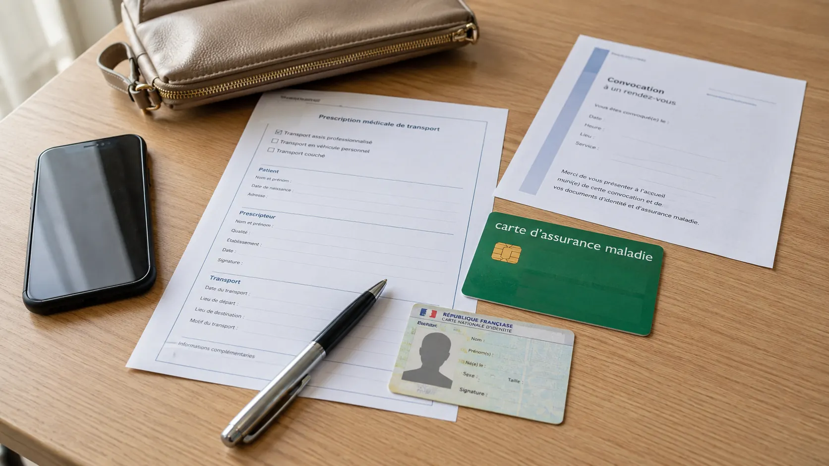 Prescription médicale de transport, carte Vitale et documents préparés avant un trajet en taxi conventionné